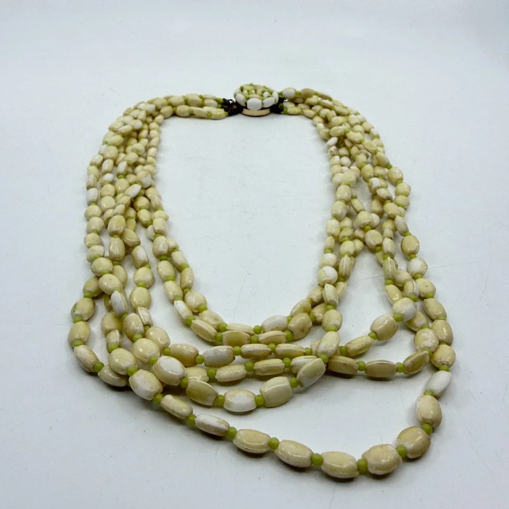 Cream Lime Green Multistrand Beaded Necklace Long Layered Chunky Boho Statement